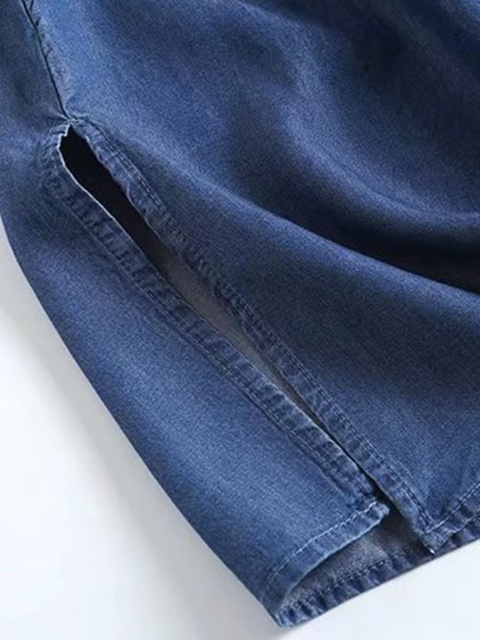 Ethnic Style V-neck Embroidery Drape Breathable Tencel Denim Dress