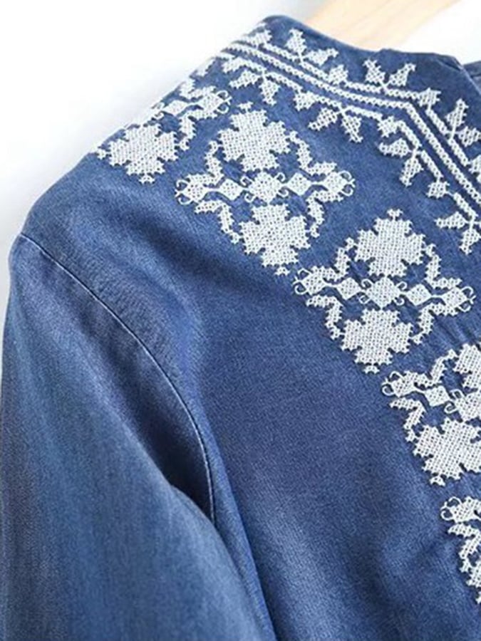 Ethnic Style V-neck Embroidery Drape Breathable Tencel Denim Dress